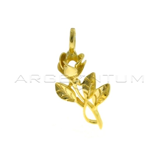 Ciondolo rosa microfuso con foglie incise placcato oro giallo in argento 925