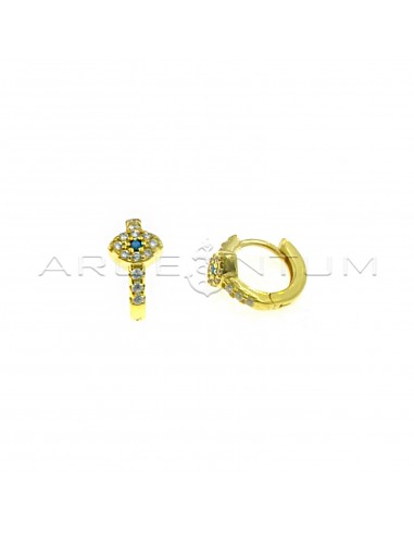 White semi-zircon hoop earrings with eye with pupil in turquoise paste and yellow gold plated snap clasp in 925 silver