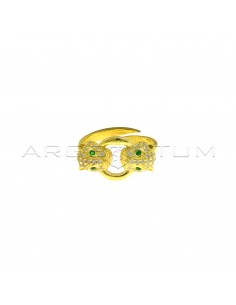 Adjustable ring with white zircon panther heads with green zircon eyes and central round shape yellow gold plated 925 silver
