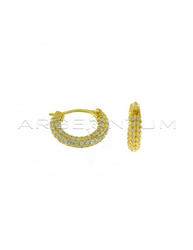 White zircon pavé tubular barrel hoop earrings with yellow gold plated bridge clasp in 925 silver