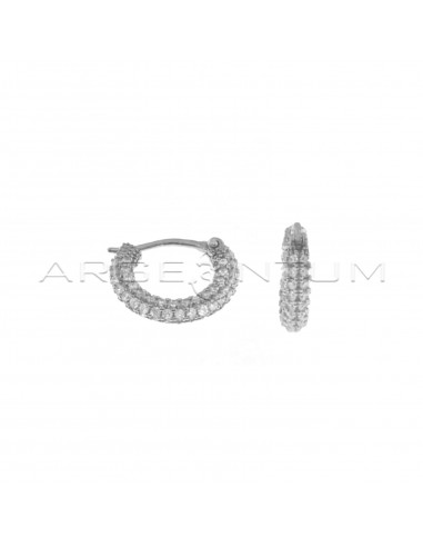 White zircon pavè tubular barrel hoop earrings with white gold plated bridge clasp in 925 silver