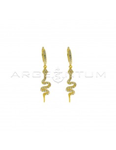 Hoop earrings with white zircons, snap closure and white zircon snake pendant, yellow gold plated in 925 silver