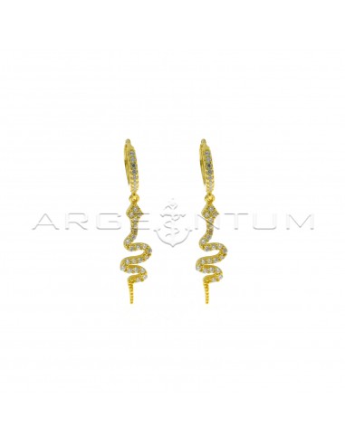 Hoop earrings with white zircons, snap closure and white zircon snake pendant, yellow gold plated in 925 silver
