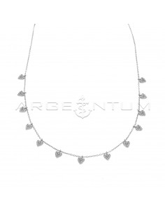 Forced link necklace with white zircon pave hearts pendants white gold plated in 925 silver