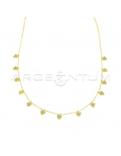 Forced link necklace with white zircon pave hearts pendants yellow gold plated in 925 silver