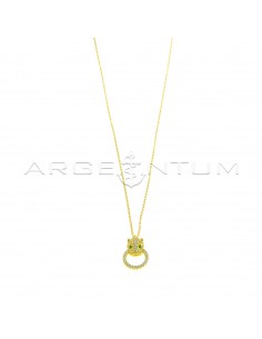 Forced link necklace with panther head pendant in white cubic zirconia pave with green cubic zirconia eyes and round shape white cubic zirconia plated yellow gold 925 silver