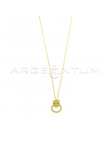 Forced link necklace with panther head pendant in white cubic zirconia pave with green cubic zirconia eyes and round shape white cubic zirconia plated yellow gold 925 silver