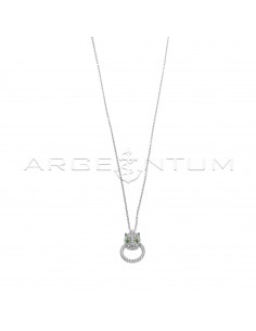 Forced link necklace with panther head pendant in white cubic zirconia pave with green cubic zirconia eyes and white zircon shape round white gold plated 925 silver