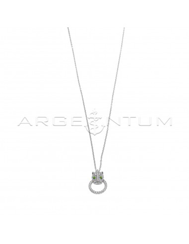 Forced link necklace with panther head pendant in white cubic zirconia pave with green cubic zirconia eyes and white zircon shape round white gold plated 925 silver
