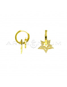 Square section hoop earrings with snap closure and two star shapes, white zircon loops, yellow gold plated in 925 silver