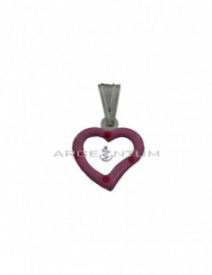 Pink enameled pierced heart pendant in 925 white silver