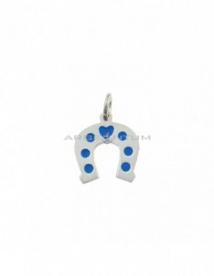 Plate horseshoe pendant with blue enamel details white gold plated in 925 silver