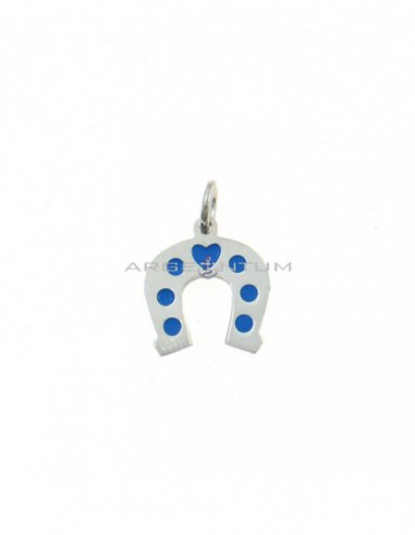 Plate horseshoe pendant with blue enamel details white gold plated in 925 silver