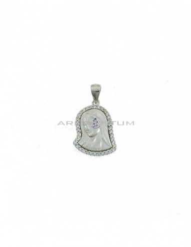 Satin and glossy Madonna medal with white zircons frame white gold plated in 925 silver