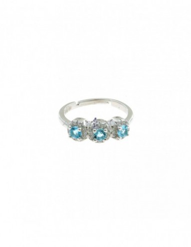 Adjustable trilogy ring with central blue zircons in white zircon frames white gold plated in 925 silver