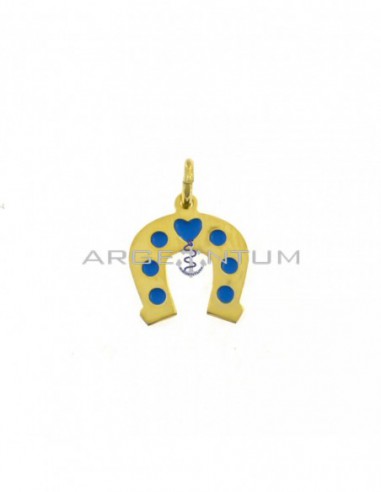 Ciondolo ferro di cavallo a lastra con dettagli smaltati blu placcato oro giallo in argento 925