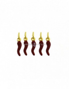 Ciondoli corni 4x13 mm smaltati rossi placcati oro giallo in argento 925 (5 pz.)