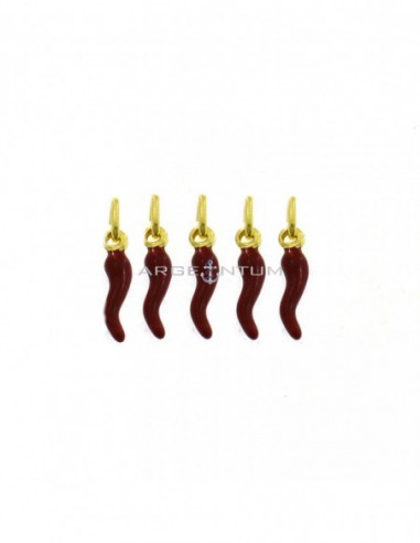 Red enamel horn pendants 4x13 mm yellow gold plated in 925 silver (5 pcs.)
