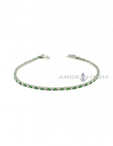 Tennis bracelet with white and green cubic zirconia alternating from mm2 with snap clasp with white gold plated brass in 925 silver