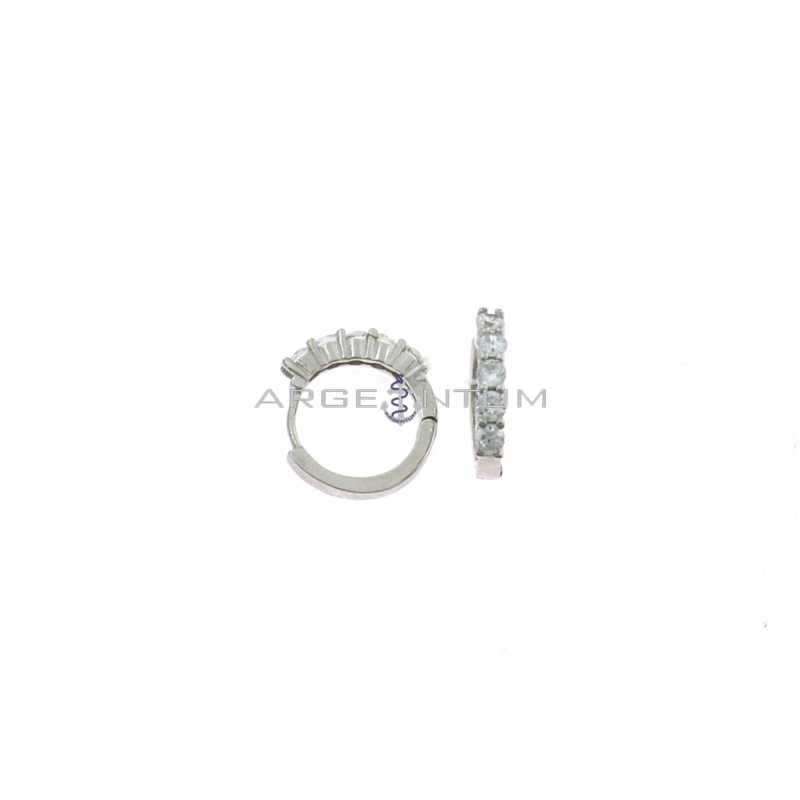 Hoop earrings ø 15 mm with 5 white zircons and white gold plated snap clasp in 925 silver