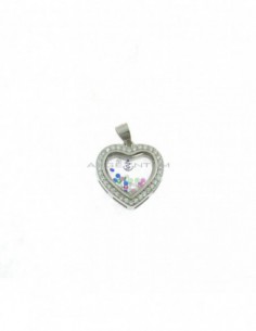 Heart shape pendant of white zircons with movable multicolor zircons in double glass white gold plated in 925 silver