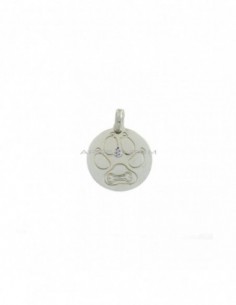 Round medal pendant with paw and bone engraved white gold plated in 925 silver