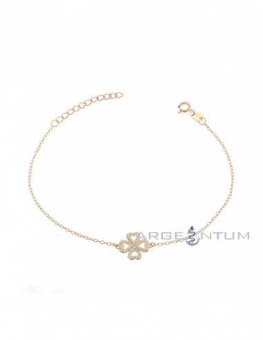 Forced mesh bracelet with white zirconized four-leaf clover shape in 925 silver plated rose gold