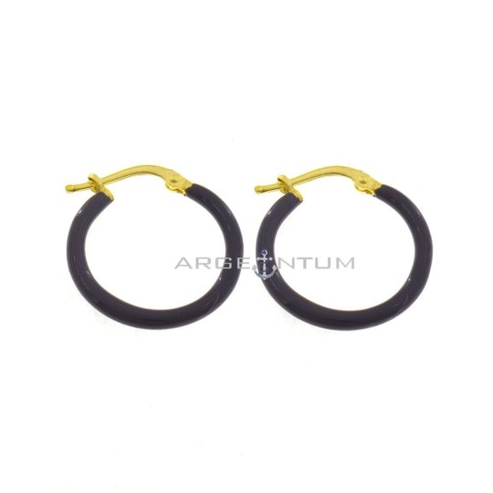 Yellow gold plated yellow gold-plated hoop earrings with purple enamel snap closure in 925 silver