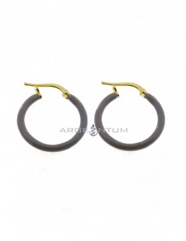 Yellow gold plated yellow gold plated hoop earrings with gray enameled snap closure in 925 silver