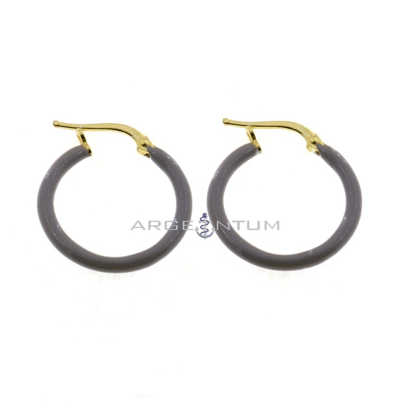 Yellow gold plated yellow gold plated hoop earrings with gray enameled snap closure in 925 silver