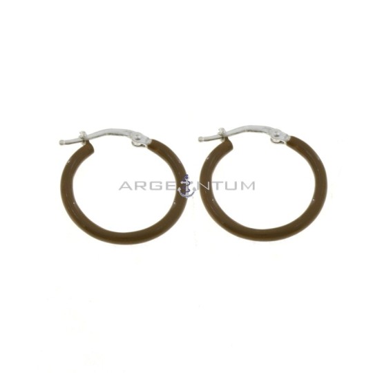 White gold plated hoop earrings with brown enamel snap closure in 925 silver