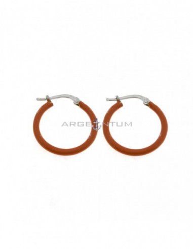 White gold plated hoop earrings with orange enamel snap closure in 925 silver
