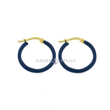 Hoop earrings with blue enamel snap clasp, yellow gold plated in 925 silver
