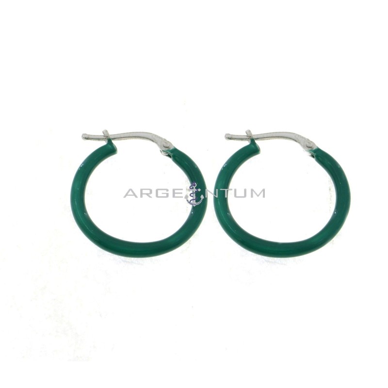 White gold-plated, bottle-green enamel snap-on hoop earrings in 925 silver