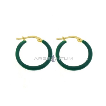 Yellow gold plated yellow gold-plated hoop earrings with bottle green enameled snap closure in 925 silver