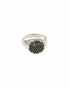 Adjustable round shield ring in white gold plated black zircon pave in 925 silver