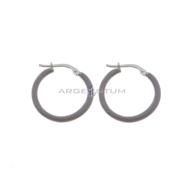 White gold plated hoop earrings with gray enameled snap closure in 925 silver