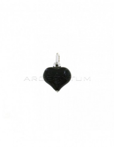 White gold plated black enamel paired heart pendant in 925 silver
