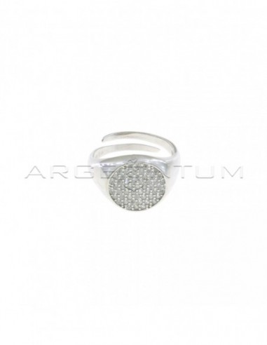 Adjustable round shield ring with white zircons pave white gold plated in 925 silver