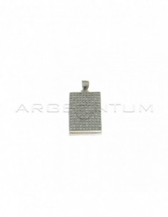 Rectangular photo frame pendant with white zircons pave front white gold plated in 925 silver