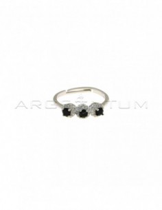 Adjustable trilogy ring with black central zircons in white zircon frames white gold plated in 925 silver