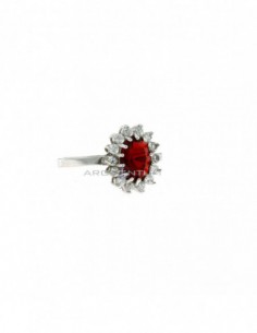White gold plated ring with red oval stone 6x8 mm in a frame of white zircons with claws in 925 silver (Size 10)