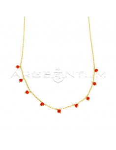 Diamond-coated rolo link necklace with orange swarovski pendants, yellow gold plated 925 silver