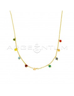 Diamond mesh rolo necklace with multicolor swarovski pendants yellow gold plated in 925 silver