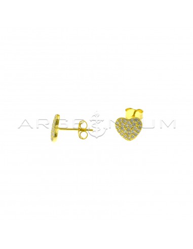Heart lobe earrings with white zircons pave yellow gold plated in 925 silver