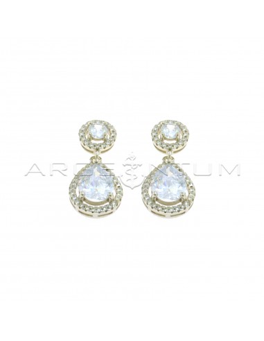 Drop earrings with round white zircon attachment and drop white zircon pendant in 925 silver white gold plated white zircon frames
