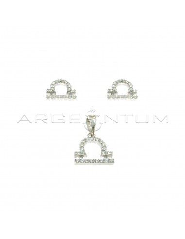 Parure zodiac sign libra earrings and white zircon pendant white gold plated in 925 silver