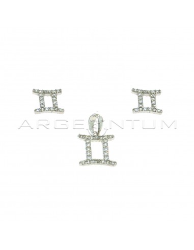 Zodiac sign set twins white gold-plated lobe earrings and pendant in 925 silver