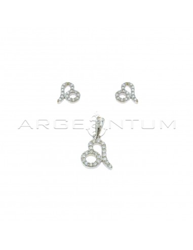Parure zodiac sign leo earrings with white zircons and pendant white gold plated in 925 silver