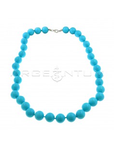 Turquoise paste ball necklace ø 12 mm threaded in knots with white gold plated terminals and snap hook in 925 silver (Length 45 cm)